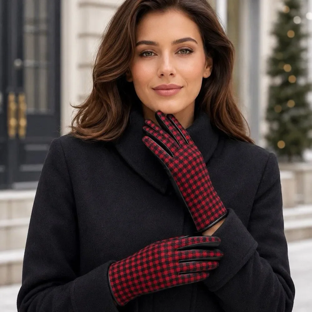 Houndstooth Gloves Womens M Red Black Faux Leather Winter Collection Eighteen